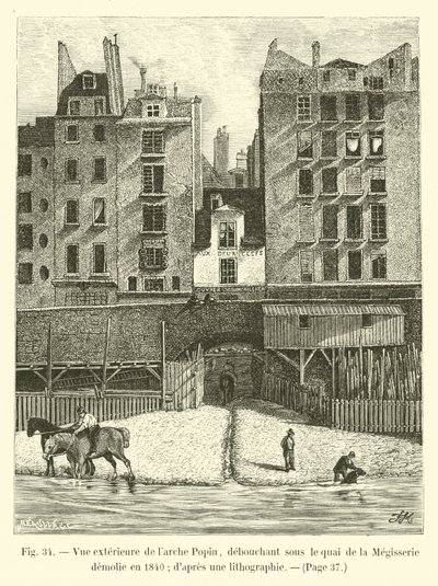 Ulkokuva Popin-kaaresta, joka nousee Quai de la Megisserien alle, joka purettiin vuonna 1840; litografiasta tekijältä French School
