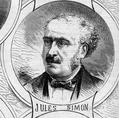 Sota 1870 - Maanpuolustushallitus: muotokuva Jules Simonista (Francois Jules Suisse, tom.) (1814-1896), vuoden 1870 väliaikaisen hallituksen jäsen. Kaiverrus "" Le Monde Illustré" -julkaisussa nro 706, 22. lokakuuta tekijältä French School