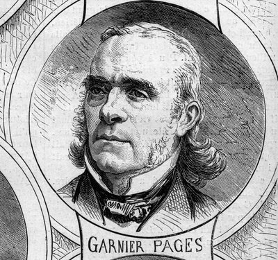 Sota 1870 - Maanpuolustushallitus: muotokuva Louis Antoine Garnier Pagesista (Garnier-Pages) (1803-1878), vuoden 1870 väliaikaisen hallituksen jäsen. Kaiverrus "" Le Monde Illustré" -julkaisussa nro 706, 22. lokakuuta tekijältä French School