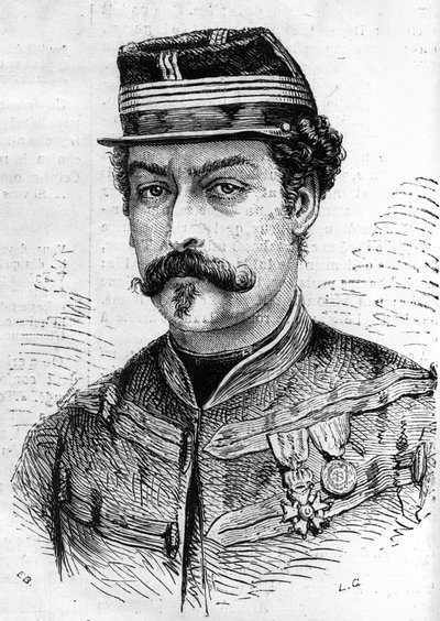 Sota 1870: muotokuva Leon Franchettista (1834-1870), ranskalainen sotilas, Seinen partiolaisten komentaja. Kaiverrus "" Le Monde Illustré" -julkaisussa nro 714, 17. joulukuuta 1870. tekijältä French School