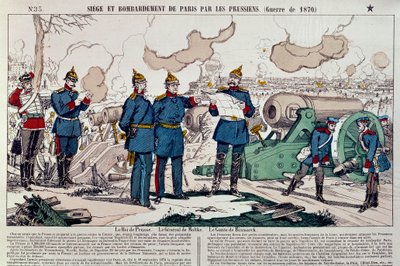 Vuoden 1870 sota: preussilaiset piirittävät ja pommittavat Pariisin kaupunkia. Preussin kuningas Vilhelm I (1797-1888), kenraali Moltke (1800-1891) ja liittokansleri Otto von Bismarck (1815-1898) ryhtyivät neuvonantajiksi. Kaiverrus vuodelta 1870. Pariisi, tekijältä French School