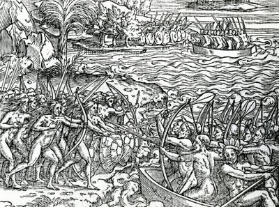 Sotakohtaus, Brasilia, kuvitus elokuvasta "Singularities of France Antarktique", kirjoittanut Andre de Thevet, 1558 tekijältä French School