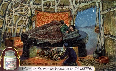 Nukkumistapoja: Afganistanin kivikerros. Liebig-pakkauskromolitografia. tekijältä French School