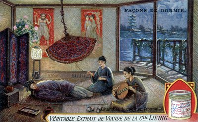 Nukkumistapoja: Japanilainen makuuhuone. Liebig-pakkauskromolitografia. tekijältä French School