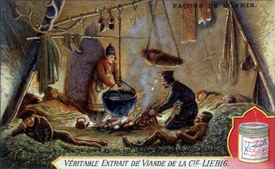 Nukkumistapoja: Kivikerros poronnahoille ja vaahtomuoville. Kromolitografiapakkaus Liebig. tekijältä French School