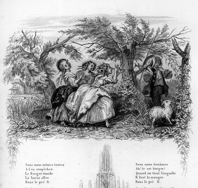 Meitä oli kolme tyttöä. Kolme tyttöä leikkimässä paimenen kanssa ja saamassa hänet epämukavaksi. Kaiverrus "" Chants et chansons populaire de la France"", Tome 2 tekijältä French School