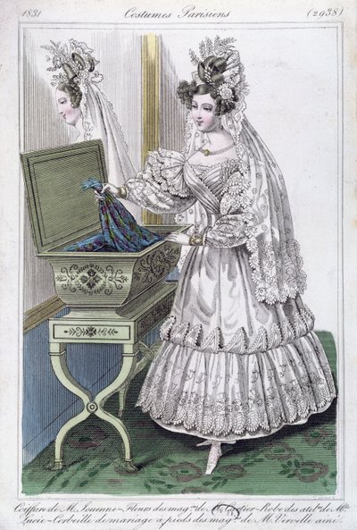 Hääpuku, muotilautanen Costumes Parisiensilta, 1831 tekijältä French School