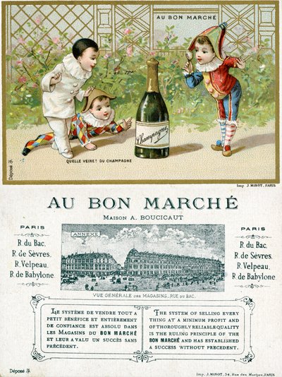 Mikä onni! pullo samppanjaa; Pariisin Bon Marché -tavaratalojen kampanjakortin etu- ja takapuoli, n. 1895 tekijältä French School
