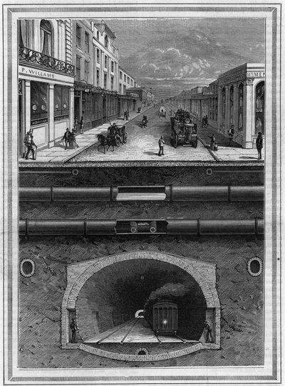 Lontoon (Iso-Britannia) päällysteen alla: Kaasuputki, vesiputki, pneumaattinen jäteputki, viemärit, tunneli ja rautatie metropolialueille. Kaiverrus "" La Nature -kirjaan. Revue des sciences et de ses applications aux arts et à l