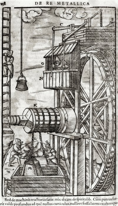 Vinssi veden hankkimiseen kaivoksesta, De Re Metallica -kuva, jonka on kirjoittanut Georg Bauer (1494-1566), joka tunnetaan nimellä Agricola, 1561 tekijältä French School