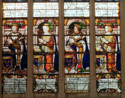 Ikkuna, joka kuvaa Jacques de Bourbonia (1315-61) Comte de la Marchea, Jeanne de Chatillon-Saint-Polia (k. 1371) Jean I de Bourbonia (1361-94) ja Catherinea, Comtesse de Vendome tekijältä French School
