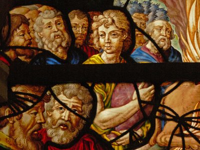 Ikkuna Charnierissa (v.8), joka kuvaa yksityiskohtaa Elian uhrista; Baalin papit tekijältä French School