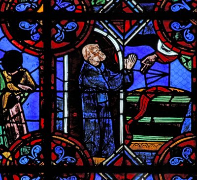 Ikkuna w06, joka kuvaa täyteen viinitynnyrin ihmettä St Juliensin luostarin perustalla tekijältä French School