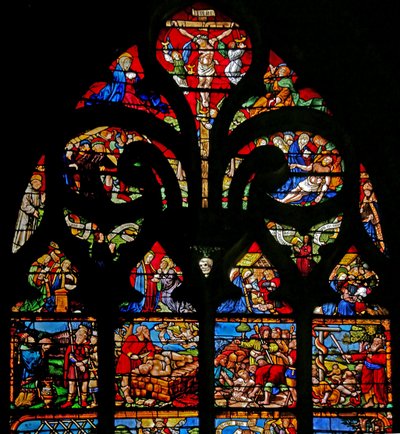 Ikkuna w1 kuvaa ristiinnaulitsemista Marian ja Johanneksen kanssa, Via Crucis -tietä, laskeumaa tekijältä French School