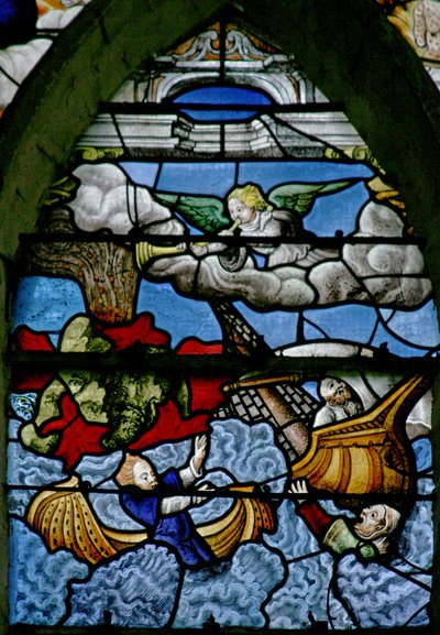 Ikkuna w5 kuvaa kohtauksen St Johns Book of the Revelationista: vuori putoaa mereen; kolmasosa muuttui vereksi tekijältä French School