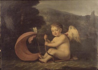 Siivekäs Cupid, purjehtii veneellä, jossa on värinärunko ja nuolemosto, n. 1800 tekijältä French School