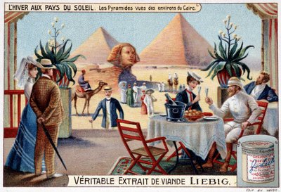 Talvi auringon maissa: pyramidit Kairon ympäristöstä nähtynä - Mainosvinjetti, kromo. Liebig, v.1900. tekijältä French School