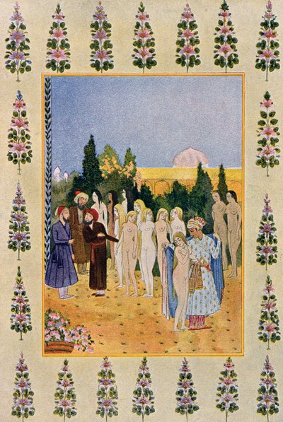 Viittallani suojelen häntä alastomuutta, kuvitus Arabian yöistä, 1895 (värikaiverrus) tekijältä French School