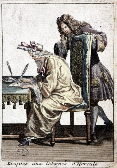 Nainen paidassa ja yömyssyssä kirjoittaa kirjettä miehen kanssa, n.d. v. 1715. tekijältä French School