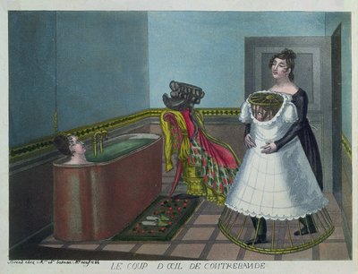 Nainen kylvyssä, kun hänen piikansa kätkee salaa tirkistelijää, 1800-luvun alku (värikaiverrus) tekijältä French School