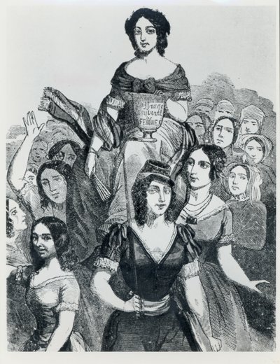 Naiset kantamassa Jeanne Deroinia (1805-94) Triumphissa, Les Femmes Celebres, osa I, Paris, Mazenod, 1848 tekijältä French School