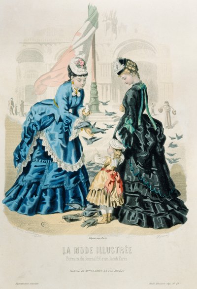 Naiset ja lapsi ruokkimassa kyyhkysiä, La Mode Illustrée, 1872 tekijältä French School