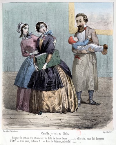 Naiset jättävät aviomiehensä hoitamaan lapsia heidän meneessään klubiinsa, 1848 tekijältä French School