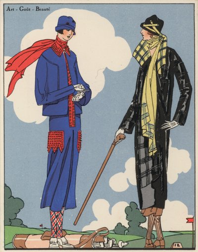 Naisten golfpukumuoti 1920-luvulta, suunnittelijat Martial ja Armand sekä Christoph Drecoll. (värilitro) tekijältä French School