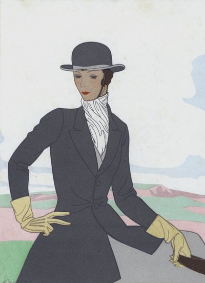 Naisten ratsastushameen malli 1920-luvulta (värilitografia). tekijältä French School