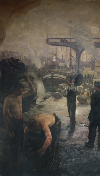 Työntekijät purkamassa hiiltä proomusta, 1900-luvun alku tekijältä French School