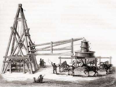 Työntekijät, jotka käyttivät karusellia ja vinssiä poraamaan arteesisia kaivoja Grenellessä, Ranskassa 1800-luvulla, julkaisusta "Les Merveilles de la Science", julkaistu n. 1870 (kaiverrus) tekijältä French School