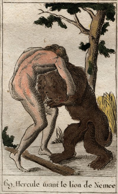 Herculesin teoksia: "" Hercules tappaa Nemeen leijonan"" (Herakleksen ensimmäinen työ, Hercules surmasi Nemean leijonan) Pierre Blanchardin "" Mythology of Youth -kirjasta 1803. tekijältä French School