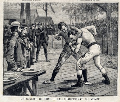 Maailmanmestaruus: nyrkkeilyottelu Jim Corbettin ja Bob Fitzsimmonsin välillä Carsonissa, Nevadassa, Yhdysvalloissa: "" The Little Parisien" -sarjassa 11.4.1897. Yksityinen kokoelma tekijältä French School