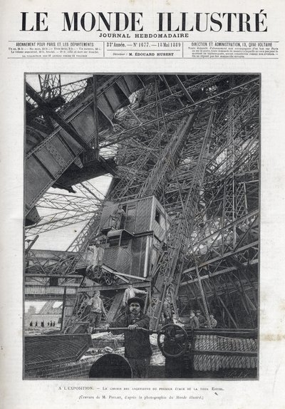 Maailmannäyttely Pariisissa 1889 - Eiffel-tornin ensimmäisen kerroksen hissipolku - Pariisin yleisnäyttely 1889 - Eiffel-tornin ensimmäisen kerroksen hissien polku - Le Monde Illustré vuodelta 1889 tekijältä French School