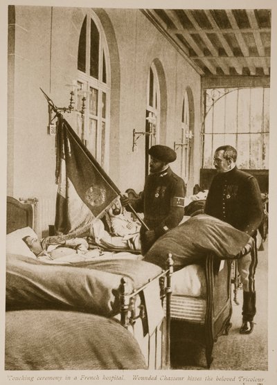 Haavoittunut Chasseur suutelee rakastettua Tricolouria, 1914-19 tekijältä French School