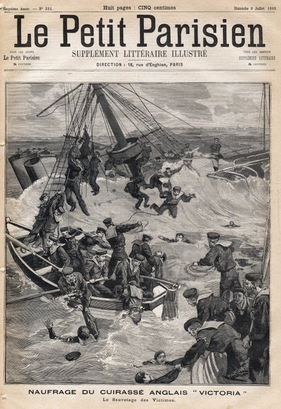 Englantilaisen panssarin "Victoria" hylky törmäyksen jälkeen Syyrian rannikolla ja uhrien pelastaminen. Yksi sanomalehdestä "Le petit Parisien" 9.7.1893 (kaiverrus) tekijältä French School