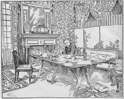 Kirjailija Alexandra Dumas Jr. (1824-1895) työkaapissaan. Kaiverrus "La gazette du dimanche" -julkaisussa 12. joulukuuta 1895. tekijältä French School