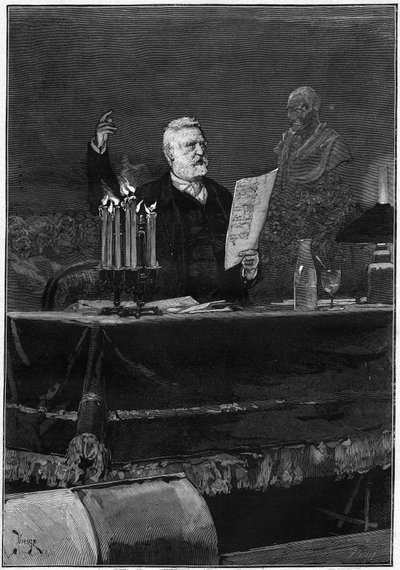 Kirjailija Victor Hugo (1802-1885) puhuu kuuluisan Voltairen kuoleman 100-vuotisjuhlan kunniaksi Theater de la Gaitessa Pariisissa 30. toukokuuta 1878. Kaiverrus "" Le Monde Illustré" -julkaisussa nro 1106, 8. kesäkuuta 1878. tekijältä French School