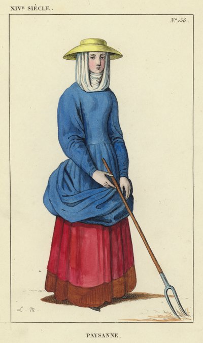 XIV vuosisata, talonpojan nainen (värillinen kaiverrus) tekijältä French School