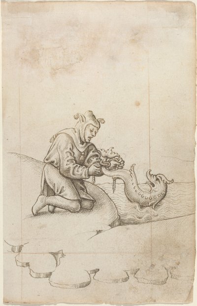 Sidot delfiiniä hännästä [fol. 17 recto], noin 1512-1515 (kynä ja mustaa tussia lyötyyn paperiin). tekijältä French School