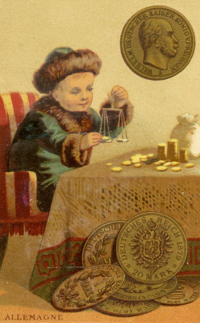 Nuori saksalainen pankkiiri, joka painaa Saksan markkoja, sarjasta eri maiden valuuttoja koskevista mainoskorteista, jotka Baster & Vieillemard julkaisi Pariisissa suklaanvalmistajan Chocolin käyttöön. tekijältä French School