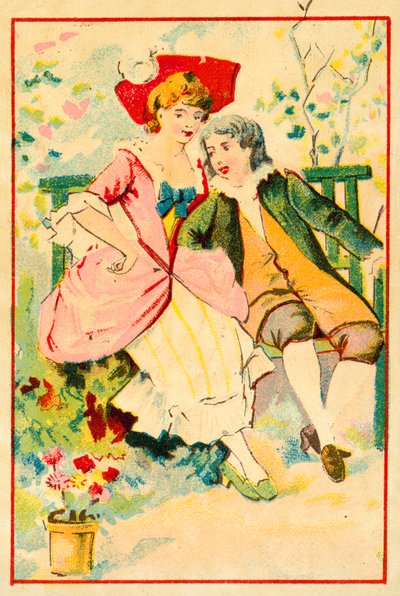 Nuori pari penkillä puutarhassa (chromolitho) tekijältä French School