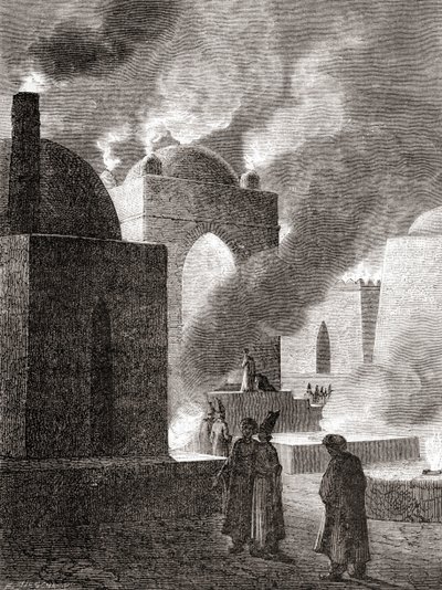 Zoroastrian tulenpalvojat tulitemppelissä Bakussa, Azerbaidžanissa, teoksesta "Les Merveilles de la Science", julkaistu noin 1870 (kaiverrus) tekijältä French School