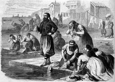 Ranskan armeijan zouavit pesevät pyykkiä. Italia, Risorgimento de 1859. Kaiverrus "" Le Monde Illustré" -julkaisussa nro 122, 13. elokuuta 1859. tekijältä French School