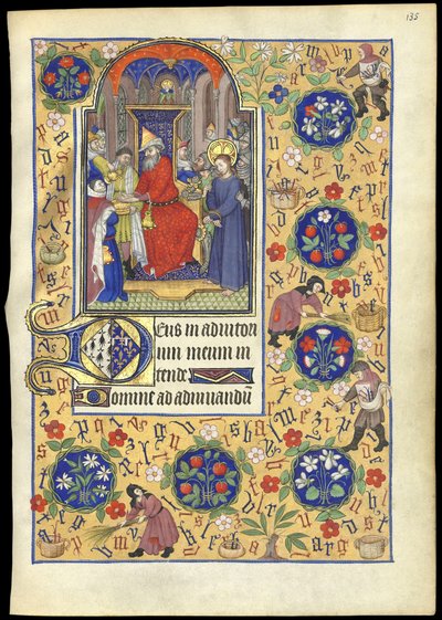 f.135r Miniatyyri, jossa Pilatus pesee kätensä Jeesuksen kohtalosta Marguerite d