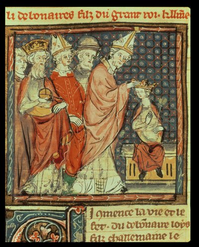 f.142r Ludvig I hurskaan (778–840) Pyhän Rooman keisarin kruunaus paavi Stefanos IV:n (paavi 816–817) toimesta Reimsissä vuonna 816, Grandes Chroniques de Francesta, 1375–79 tekijältä French School