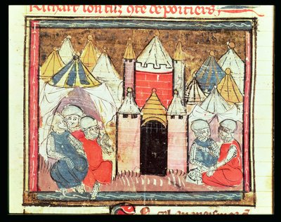 f.259r Chateau-Gaillardin piiritys vuonna 1204, kun Philip Augustus Ranskasta (1165-1223) voitti Englannin kuninkaan Johnin (Lackland) (1199-1216) Grandes Chroniques de Francesta, 1375-79 tekijältä French School