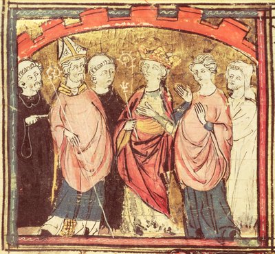 f.73r Dagobert I (605-39), Ranskan kuningaskunnan vastaanottavan frankkien kuningas Grandes Chroniques de Francesta, 1375-79 tekijältä French School