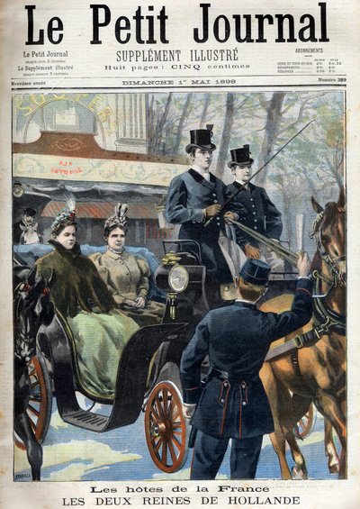 pieni päiväkirja sunnuntaina 1. toukokuuta 1898: Ranskan isännät: Hollannin kaksi kuningatarta: Emma (kuningas Willem III:n toinen vaimo) (Alankomaiden Emma (1858-1934) ja hänen tyttärensä Wilhelmina (1880-1962) - 2 Hollannin kuningatarta Ranskassa: kuning tekijältä French School