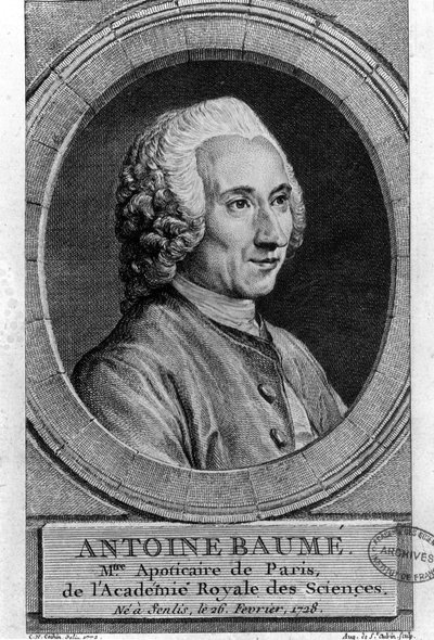 muotokuva Antoine Baumésta (1728-1804), ranskalaisesta kemististä ja proviisorista. Apoticaire de Paris. Kaiverrus vuodelta 1772. tekijältä French School
